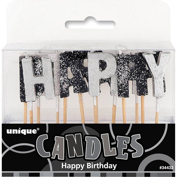Glitz Black & Silver Glitter "Happy Birthday" Pick Candles - The Party Marketplace