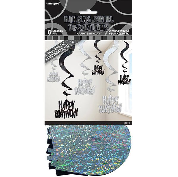 Glitz Black & Silver "Happy Birthday" Prismatic Hanging Swirl Decorations (Pack of 6) - The Party Marketplace