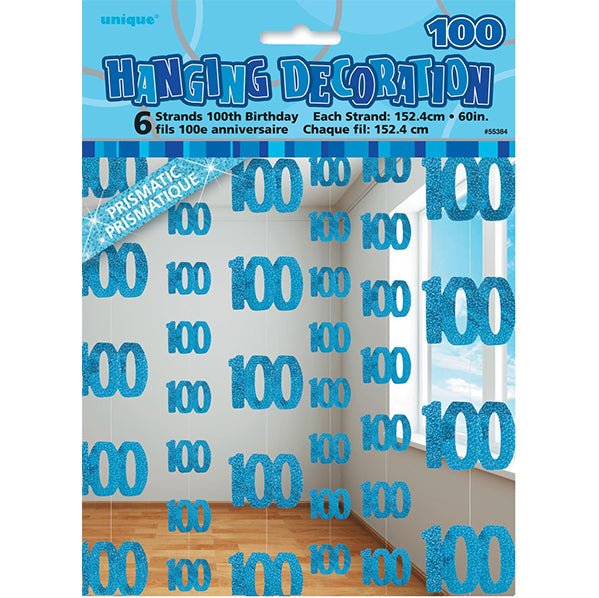 Glitz Blue "100" Hanging Decorations (Pack of 6) - The Party Marketplace