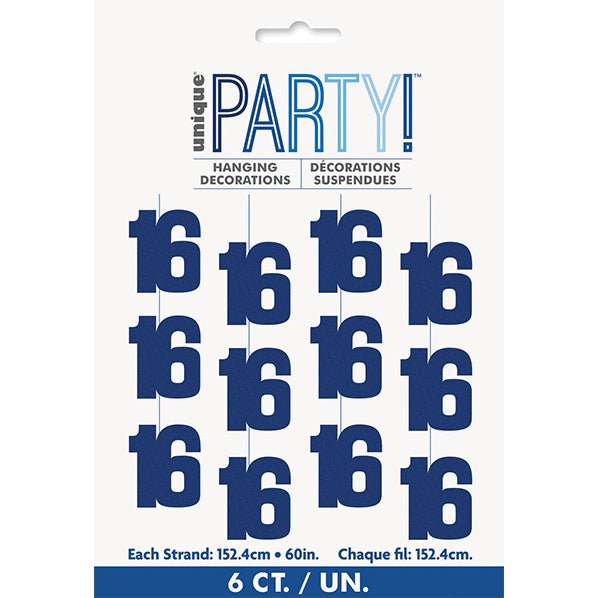 Glitz Blue "16" Hanging Decorations (Pack of 6) - The Party Marketplace