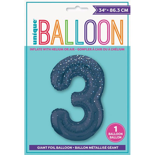 Glitz Blue "3" Numeral Foil Balloon (86cm) - The Party Marketplace