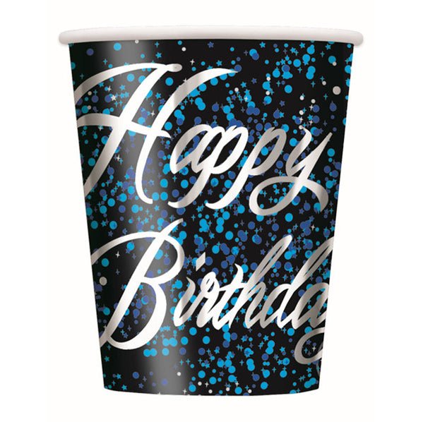 Glitz Blue "Happy Birthday" Paper Cups 270ml (Pack of 8) - The Party Marketplace