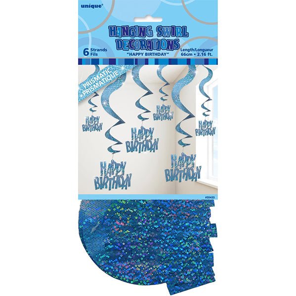 Glitz Blue "Happy Birthday" Prismatic Hanging Swirl Decorations (Pack of 6) - The Party Marketplace