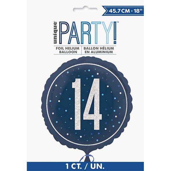 Glitz Blue Round "14" Foil Balloon 45cm - The Party Marketplace