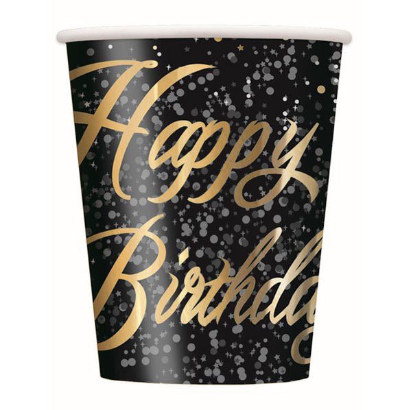 Glitz Gold "Happy Birthday" Foil Stamped Paper Cups 270ml (Pack of 8) - The Party Marketplace
