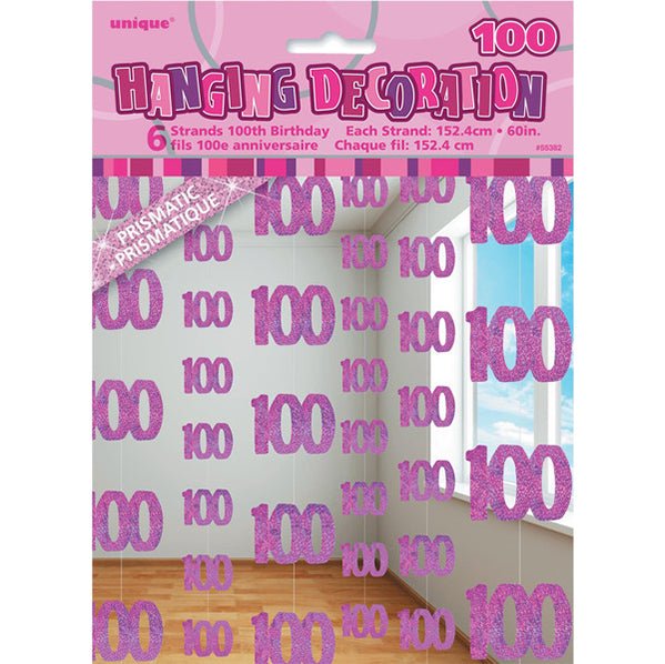 Glitz Pink "100" Hanging Decorations (Pack of 6) - The Party Marketplace