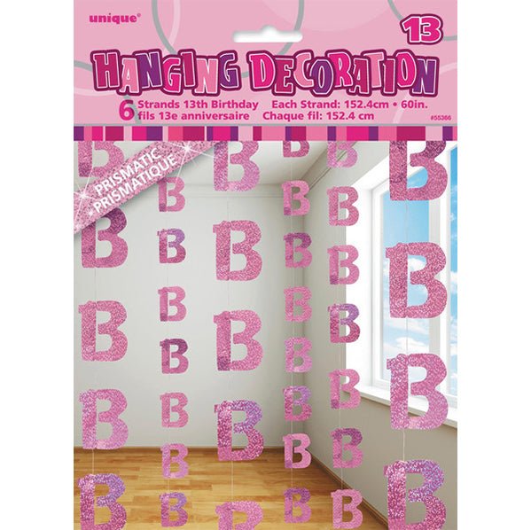 Glitz Pink "13" Hanging Decorations (Pack of 6) - The Party Marketplace