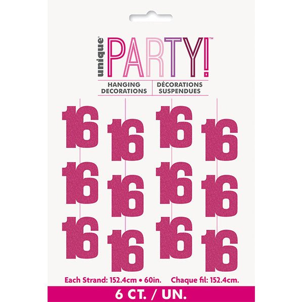 Glitz Pink "16" Hanging Decorations (Pack of 6) - The Party Marketplace