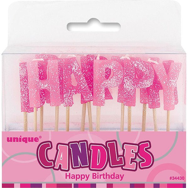 Glitz Pink Glitter "Happy Birthday" Pick Candles - The Party Marketplace