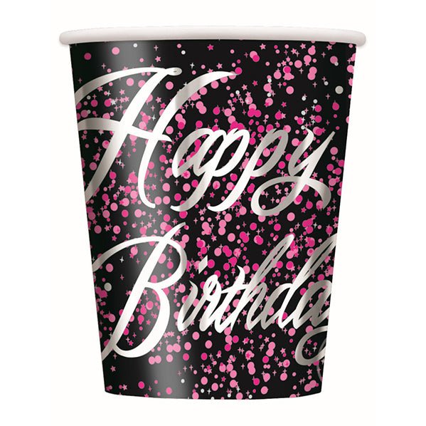 Glitz Pink "Happy Birthday" Foil Stamped Paper Cups 270ml (Pack of 8) - The Party Marketplace