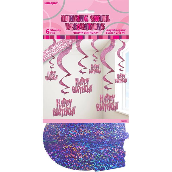 Glitz Pink "Happy Birthday" Prismatic Hanging Swirl Decorations (Pack of 6) - The Party Marketplace