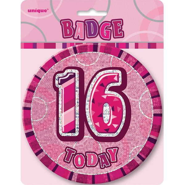 Glitz Pink Jumbo Birthday Badge - "16" - The Party Marketplace