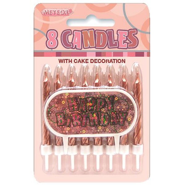 Glitz Rose Gold 8 Candles With "Happy Birthday" Decoration - The Party Marketplace
