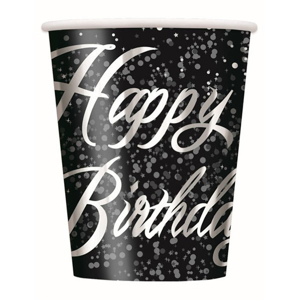 Glitz Silver "Happy Birthday" Foil Stamped Paper Cups 270ml (Pack of 8) - The Party Marketplace