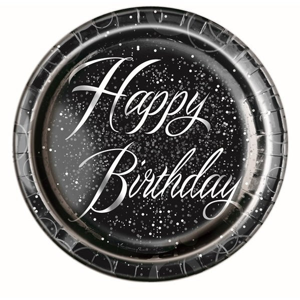 Glitz Silver "Happy Birthday" Foil Stamped Paper Plates 23cm (Pack of 8) - The Party Marketplace