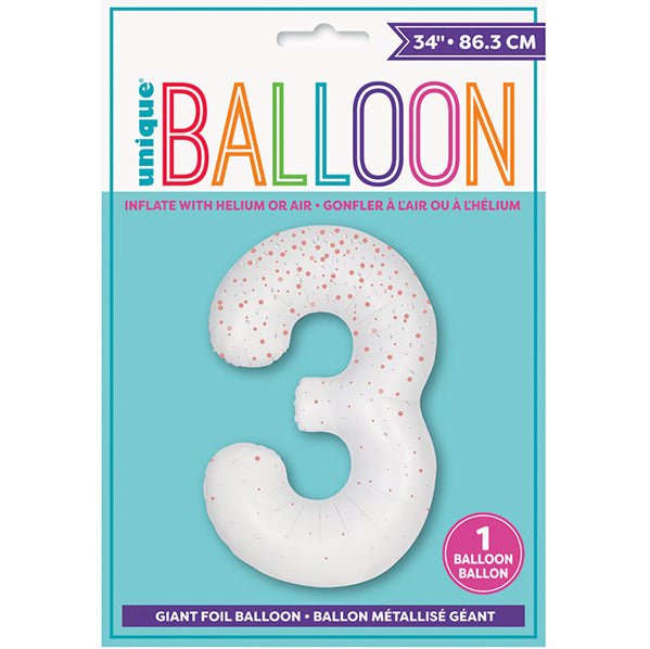 Glitz White "3" Numeral Foil Balloon (86cm) - The Party Marketplace