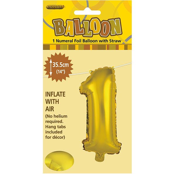 Gold "1" Numeral Foil Balloon (35cm) - The Party Marketplace