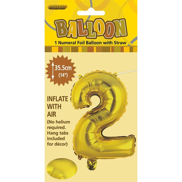 Gold "2" Numeral Foil Balloon (35cm) - The Party Marketplace