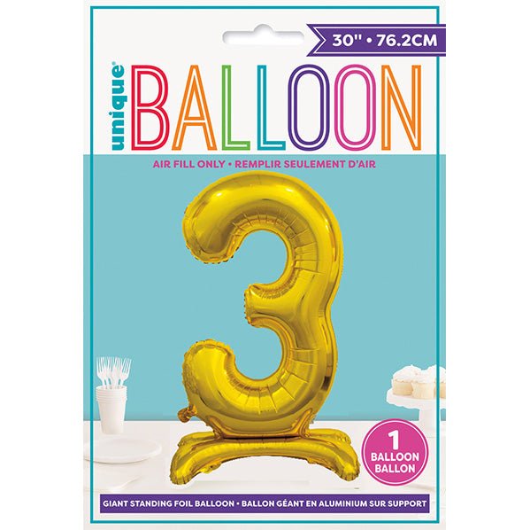 Gold "3" Giant Standing Numeral Foil Balloon (76cm) - The Party Marketplace