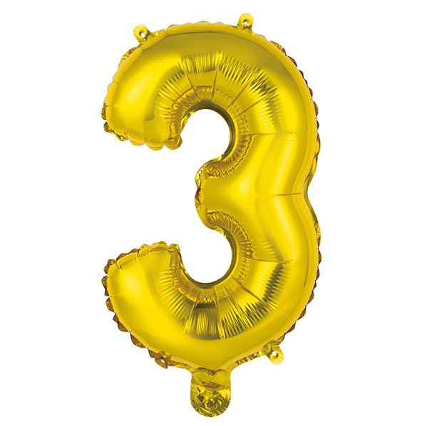 Gold "3" Numeral Foil Balloon (35cm) - The Party Marketplace