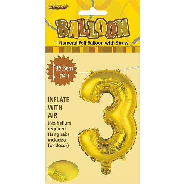 Gold "3" Numeral Foil Balloon (35cm) - The Party Marketplace