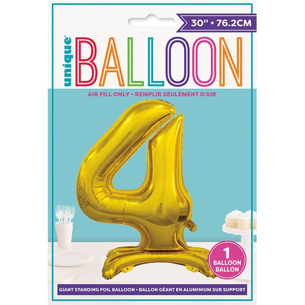Gold "4" Giant Standing Numeral Foil Balloon (76cm) - The Party Marketplace