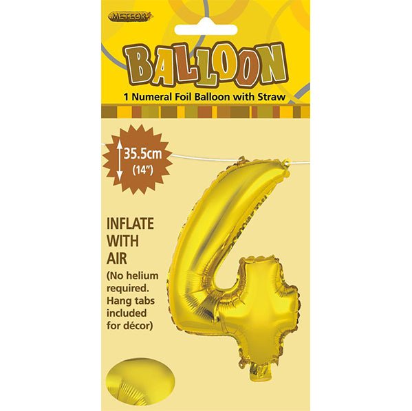 Gold "4" Numeral Foil Balloon (35cm) - The Party Marketplace