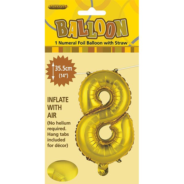 Gold "8" Numeral Foil Balloon (35cm) - The Party Marketplace