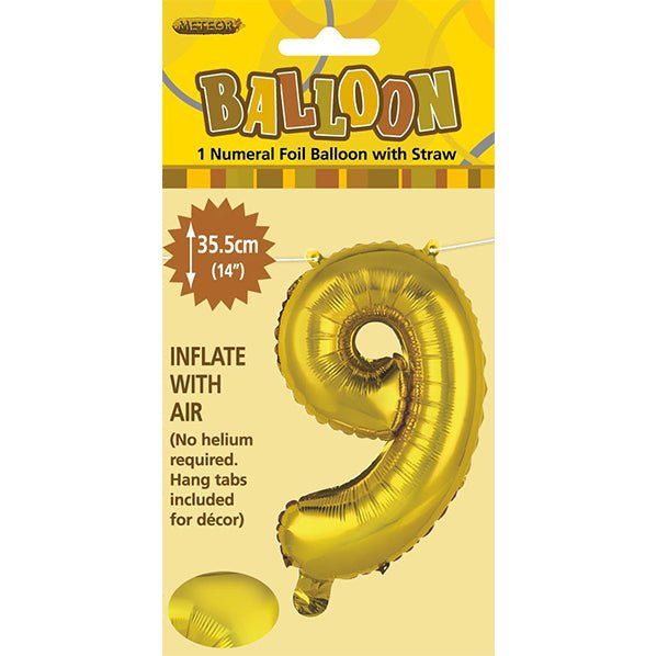 Gold "9" Numeral Foil Balloon (35cm) - The Party Marketplace