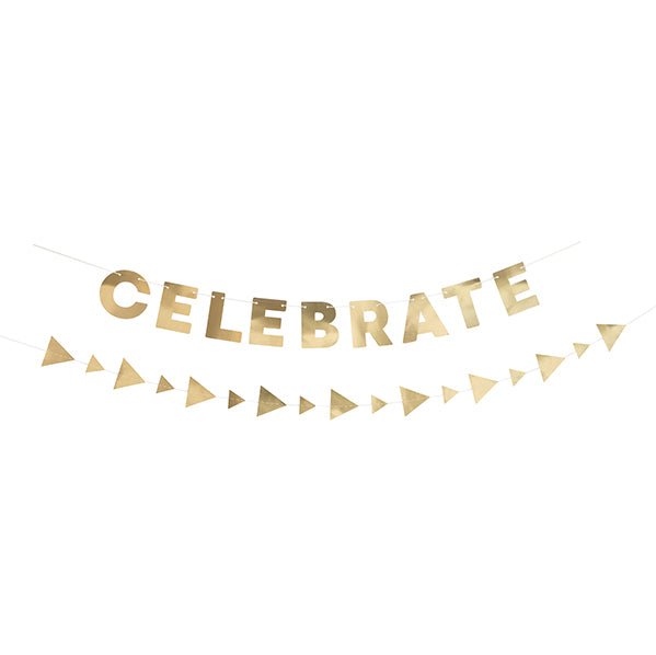 Gold "Celebrate" Paper Garland - 2 Piece Set (2.13m) - The Party Marketplace