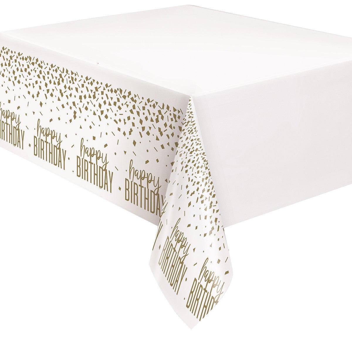 Gold Confetti "Happy Birthday" Printed Tablecover 137cm x 213cm - The Party Marketplace