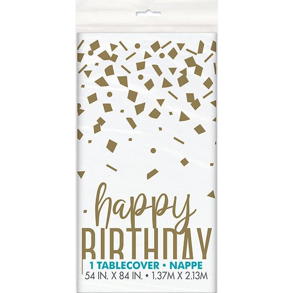 Gold Confetti "Happy Birthday" Printed Tablecover 137cm x 213cm - The Party Marketplace