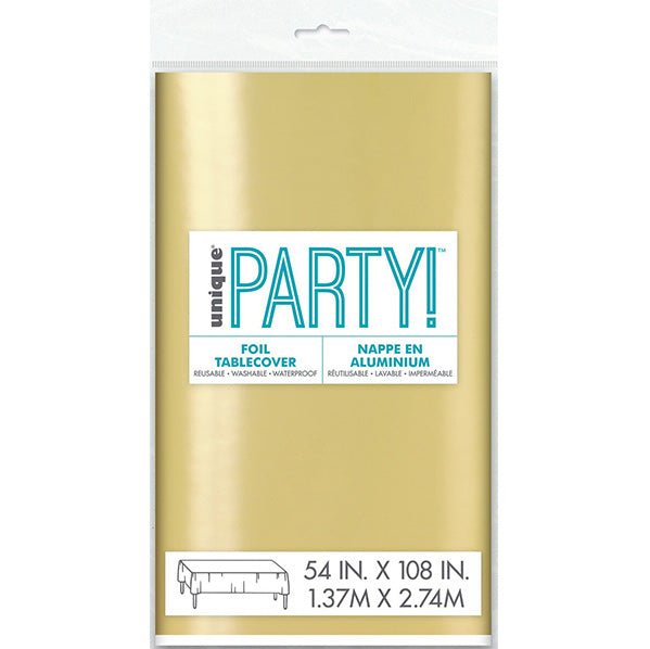 Gold Foil Rectangular Plastic Tablecover 137cm x 274cm - The Party Marketplace