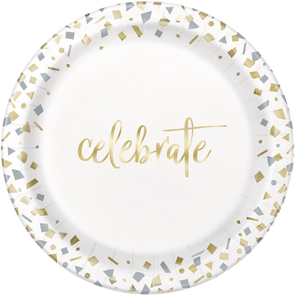 Gold Foil Stamped Confetti "Celebrate" Paper Plates 23cm (Pack of 10) - The Party Marketplace