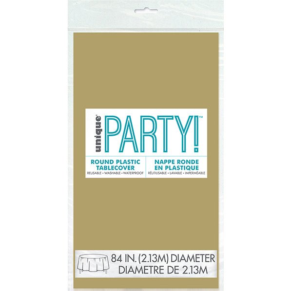 Gold Round Plastic Tablecover 213cm - The Party Marketplace