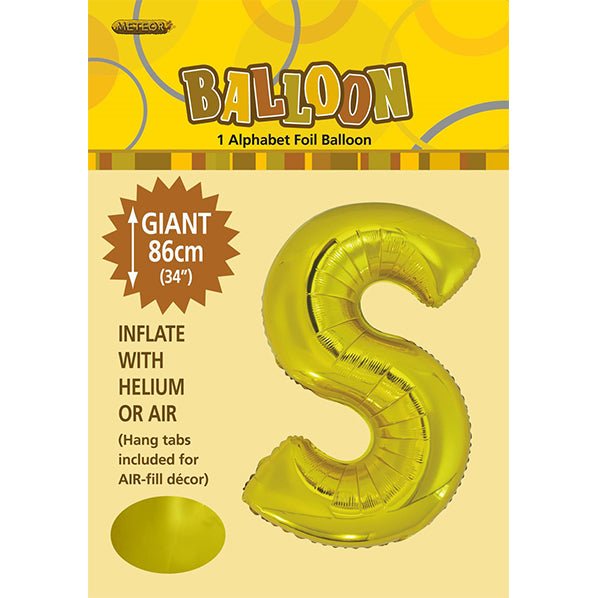 Gold "S" Letter Foil Balloon (86cm) - The Party Marketplace
