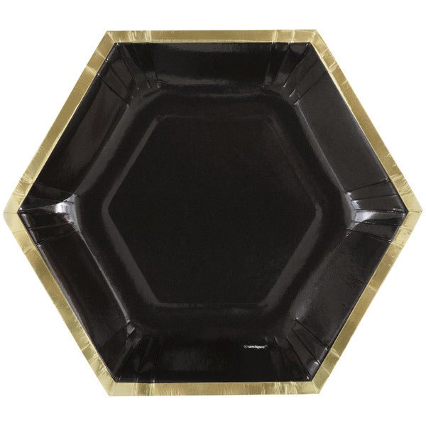 Golden Bumble Bee Foil Stamped Hexagonal Shaped Paper Plates 21cm (Pack of 8) - The Party Marketplace