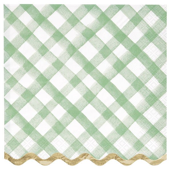 Green Gingham Plaid Gold Foil Stamped Scalloped Edge Luncheon Napkins (Pack of 16) - The Party Marketplace