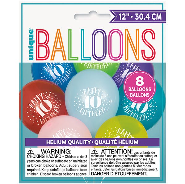 "Happy 10th Birthday" Assorted Colour Balloons 30cm (Pack of 8) - The Party Marketplace