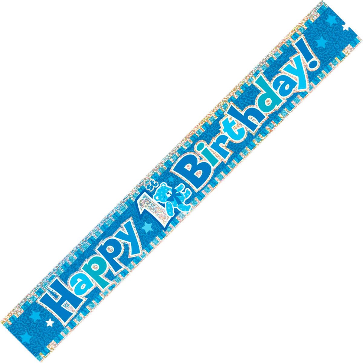 Happy 1st Birthday Prismatic Foil Banner - Blue (12ft) - The Party Marketplace