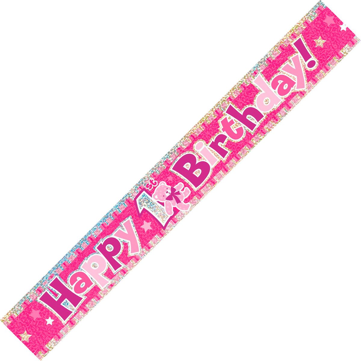 Happy 1st Birthday Prismatic Foil Banner - Pink (12ft) - The Party Marketplace