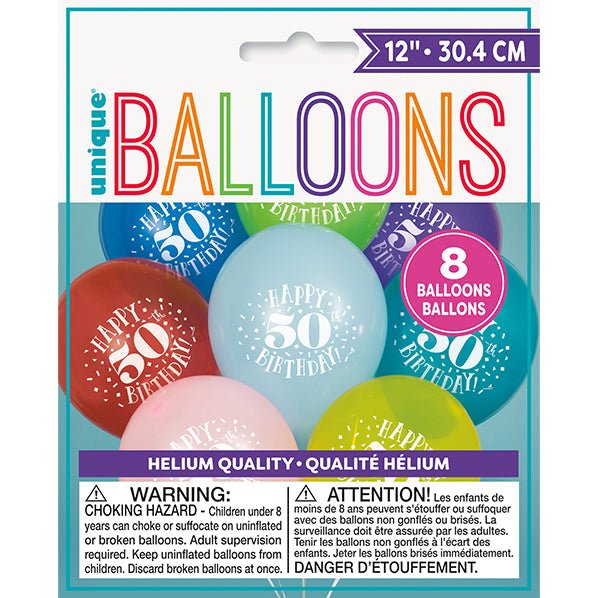 "Happy 50th Birthday" Assorted Colour Balloons 30cm (Pack of 8) - The Party Marketplace