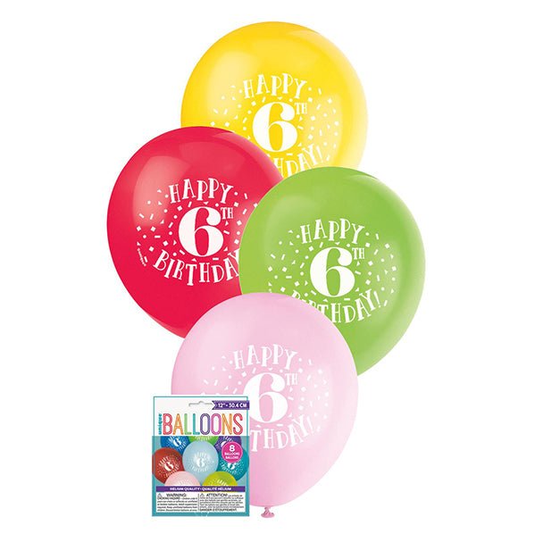 "Happy 6th Birthday" Assorted Colour Balloons 30cm (Pack of 8) - The Party Marketplace