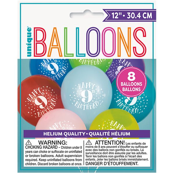 "Happy 9th Birthday" Assorted Colour Balloons 30cm (Pack of 8) - The Party Marketplace