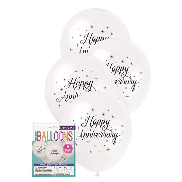 "Happy Anniversary" White Balloons 30cm (Pack of 8) - The Party Marketplace