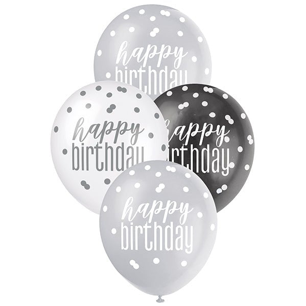 "Happy Birthday" Black, Silver & White Assorted Balloons 30cm (Pack of 6) - The Party Marketplace