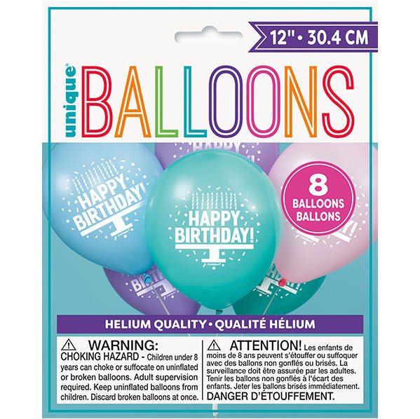 "Happy Birthday Cake" Assorted Pastel Colours Balloons 30cm (Pack of 8) - The Party Marketplace