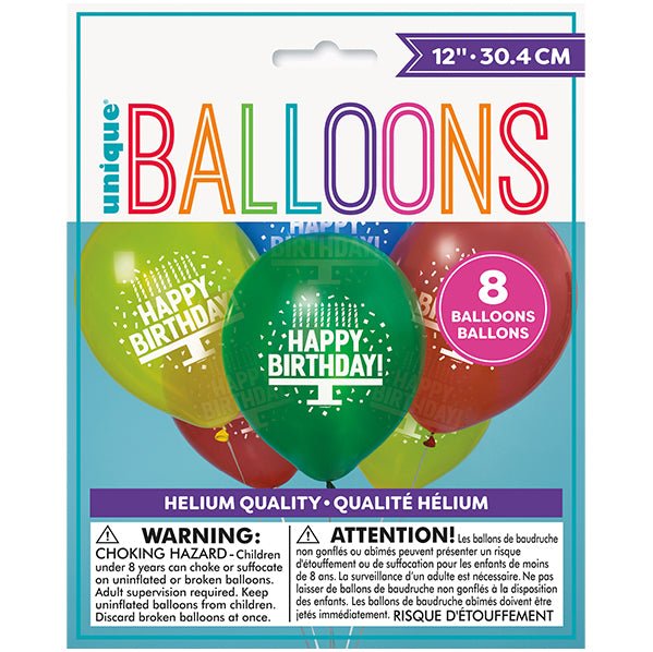 "Happy Birthday Cake" Assorted Primary Colours Balloons 30cm (Pack of 8) - The Party Marketplace