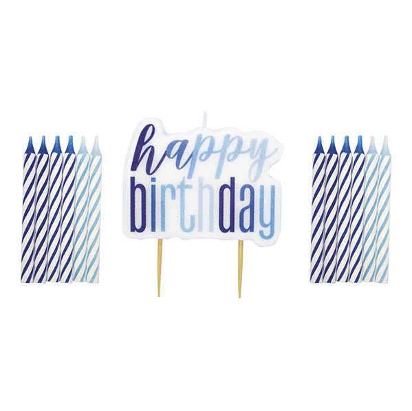 "Happy Birthday" Candle And 12 Spiral Candles - Blue - The Party Marketplace