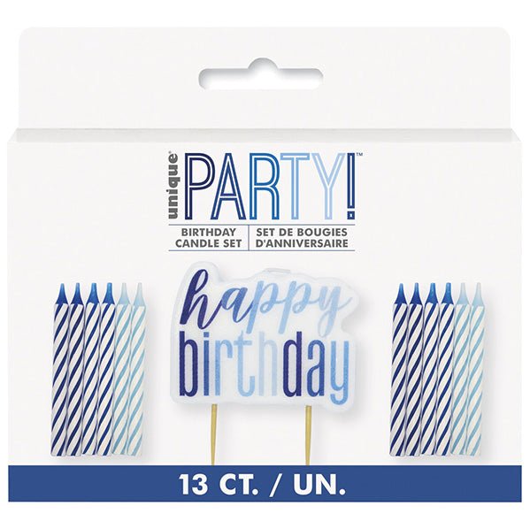 "Happy Birthday" Candle And 12 Spiral Candles - Blue - The Party Marketplace